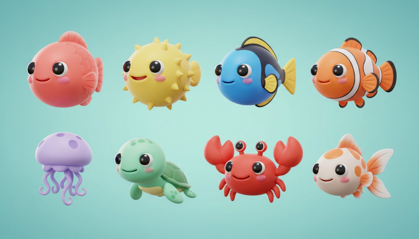 Eight toon creatures: pink fish, yellow pufferfish, blue tang, clownfish, jellyfish, baby turtle, crab, goldfish