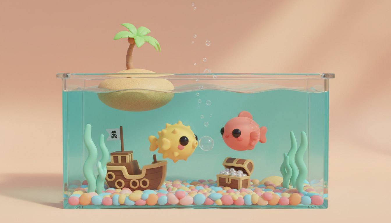 Illustration: a rectangular aquarium with a pirate shipwreck on the bottom, seaweed, a treasure chest full of pearls, a tiny palm island floating at the surface, and two toon fish